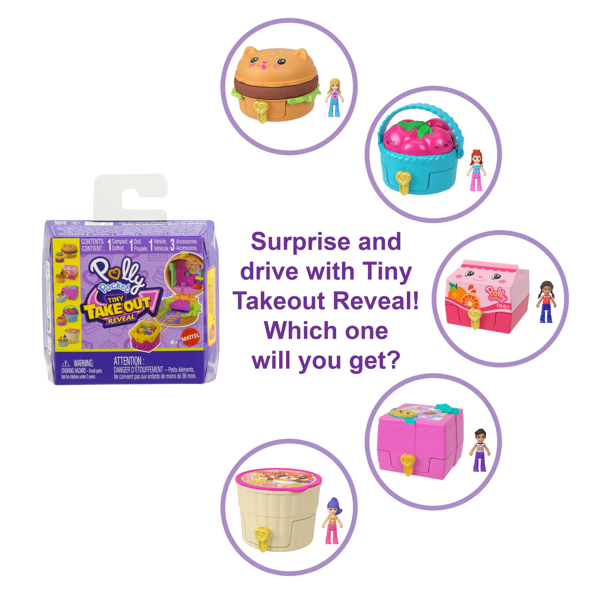 Polly Pocket Tiny Take Out Reveal Assortment, Micro Dolls & Compacts With Toy Cars, Food Theme Vehicle Collection - Image 3