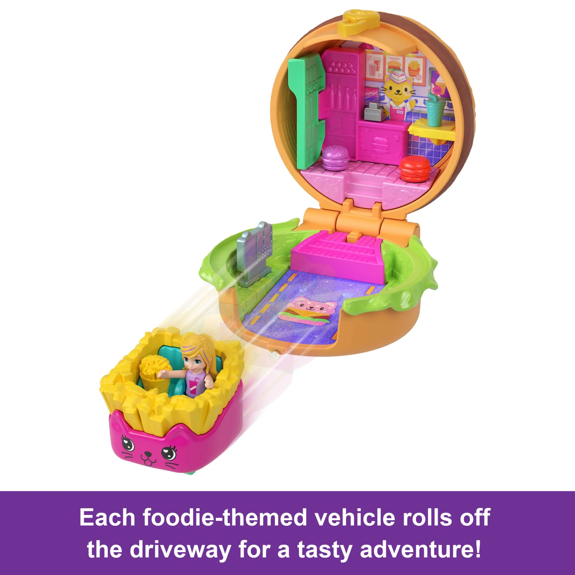 Polly Pocket Tiny Take Out Reveal Assortment, Micro Dolls & Compacts With Toy Cars, Food Theme Vehicle Collection - Image 4