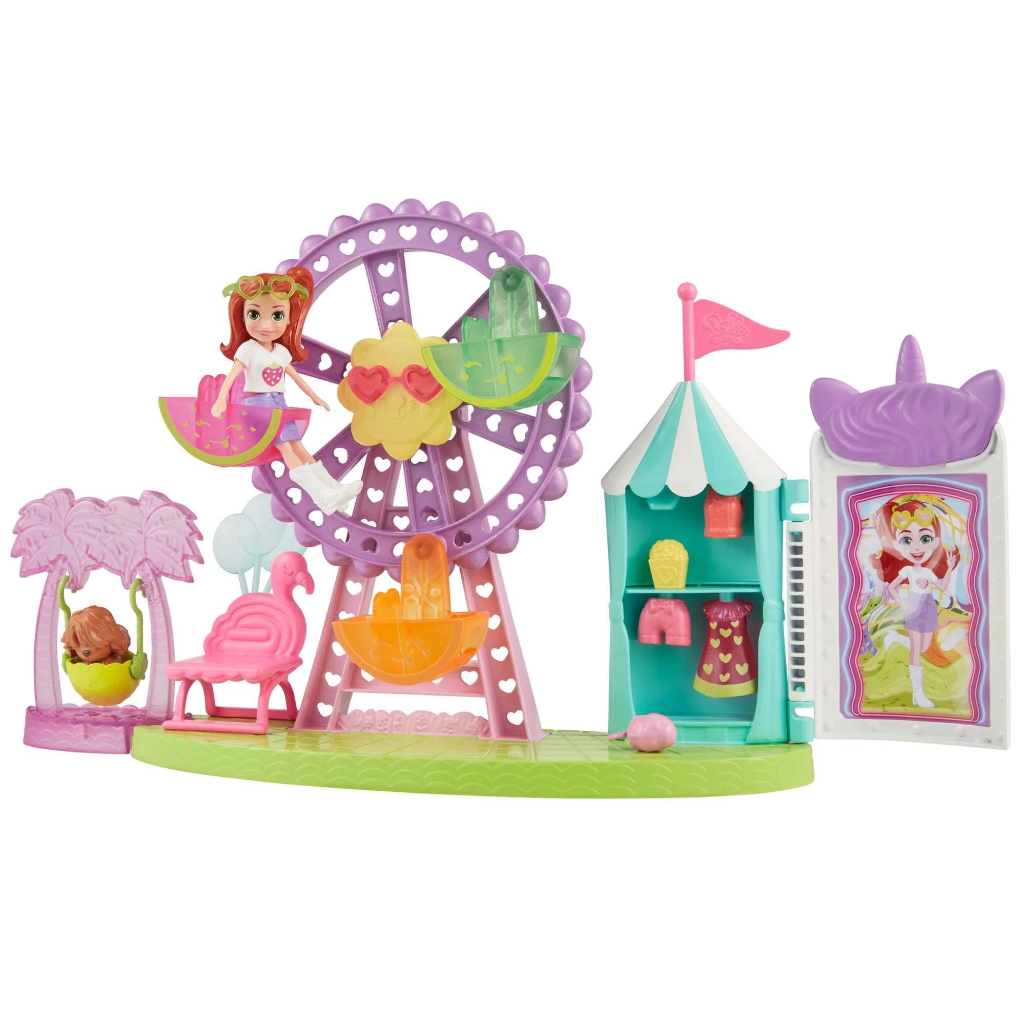 Polly Pocket Tropikal Eğlence Karnavalı Oyun Seti; 7 Cm Lila Bebek, 1 Adet Yavru Köpek, 10 Adet Aksesuar Ve Dönme Dolap - Image 4