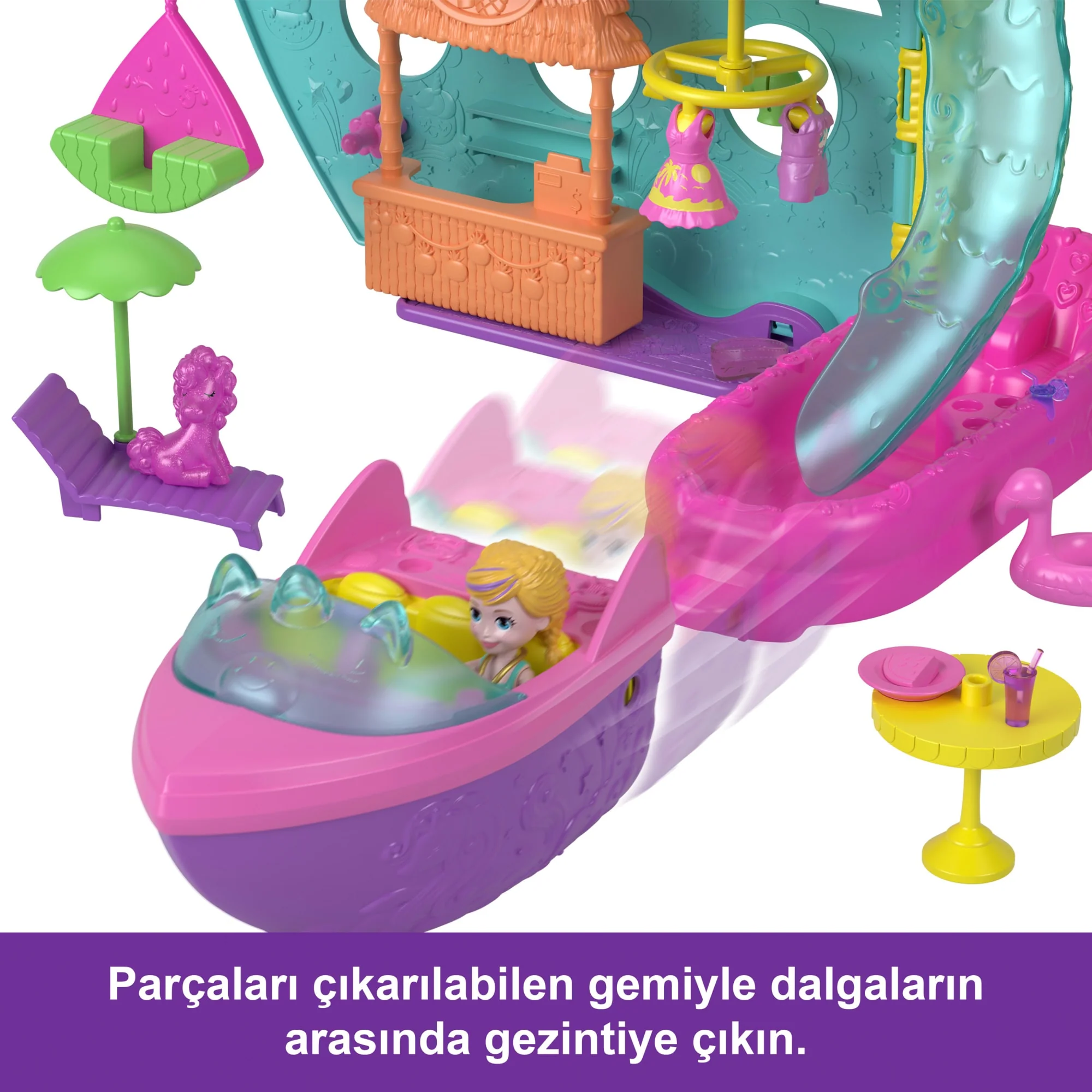 Polly Pocket Unicorn Dream Cruise Oyun Seti, Su Oyunlarına Ilham Veren Ve Renk Değiştiren Aksesuarlar Ve 1 Bebek Dahil 23 Parça Içeren Taşınabilir Gemi - Image 5