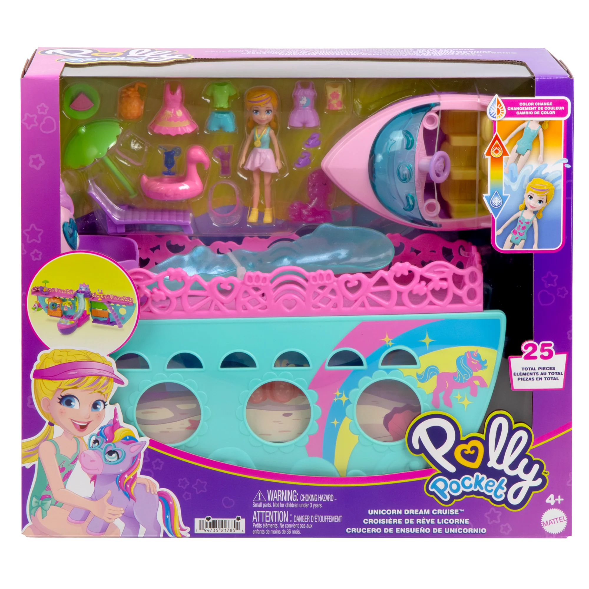 Polly Pocket Unicorn Dream Cruise Oyun Seti, Su Oyunlarına Ilham Veren Ve Renk Değiştiren Aksesuarlar Ve 1 Bebek Dahil 23 Parça Içeren Taşınabilir Gemi - Image 6
