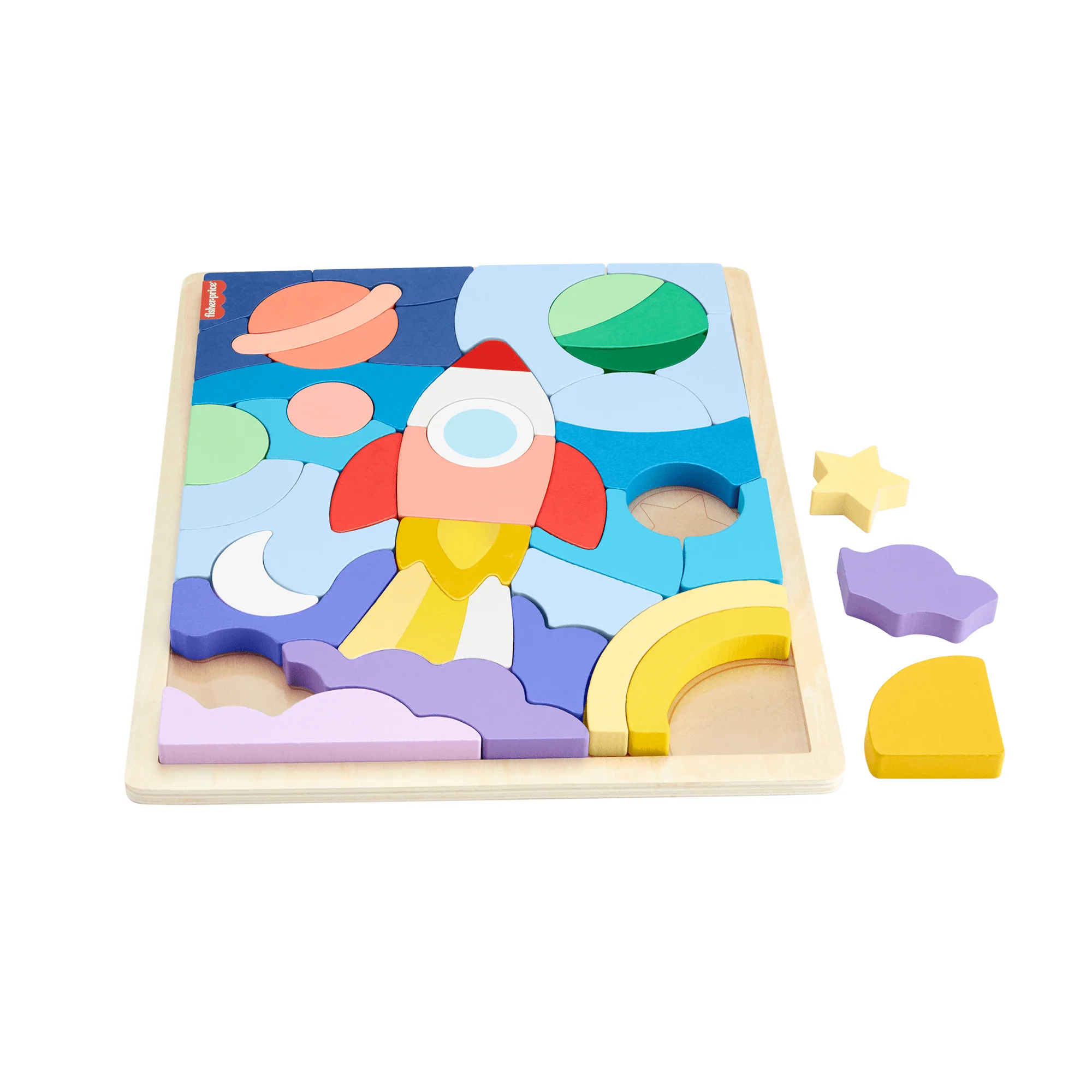 Puzle Con Bloques De Madera De Temática Espacial De Fisher-Price Para Niños Y Niñas De Preescolar, 42 Piezas De Madera
