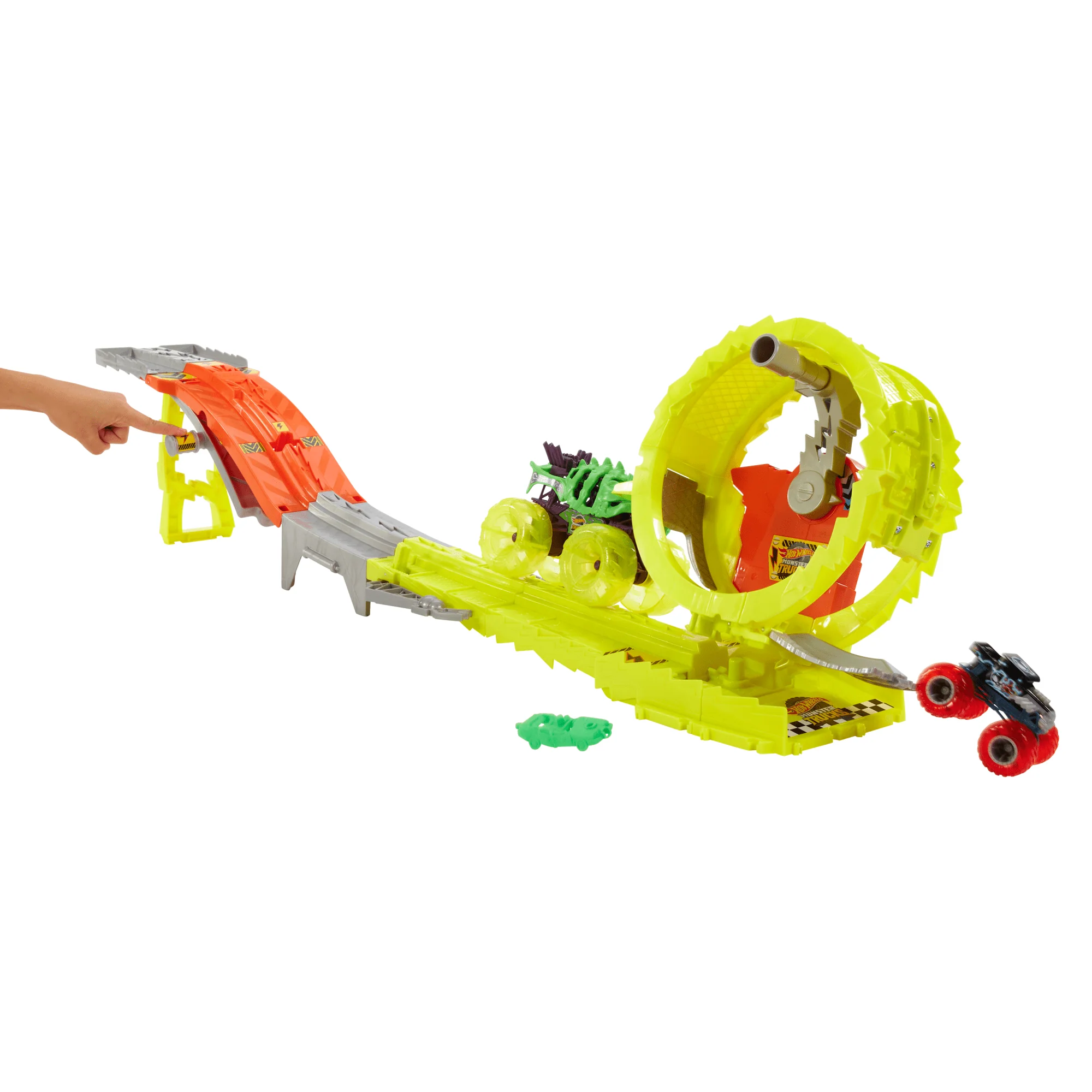 Race & Chase Challenge De Power Smashers De Monster Trucks De Hot Wheels Con Skelesaurus De Gran Tamaño, Bone Shaker A Escala 1:64 Y 2 Coches Aplastados