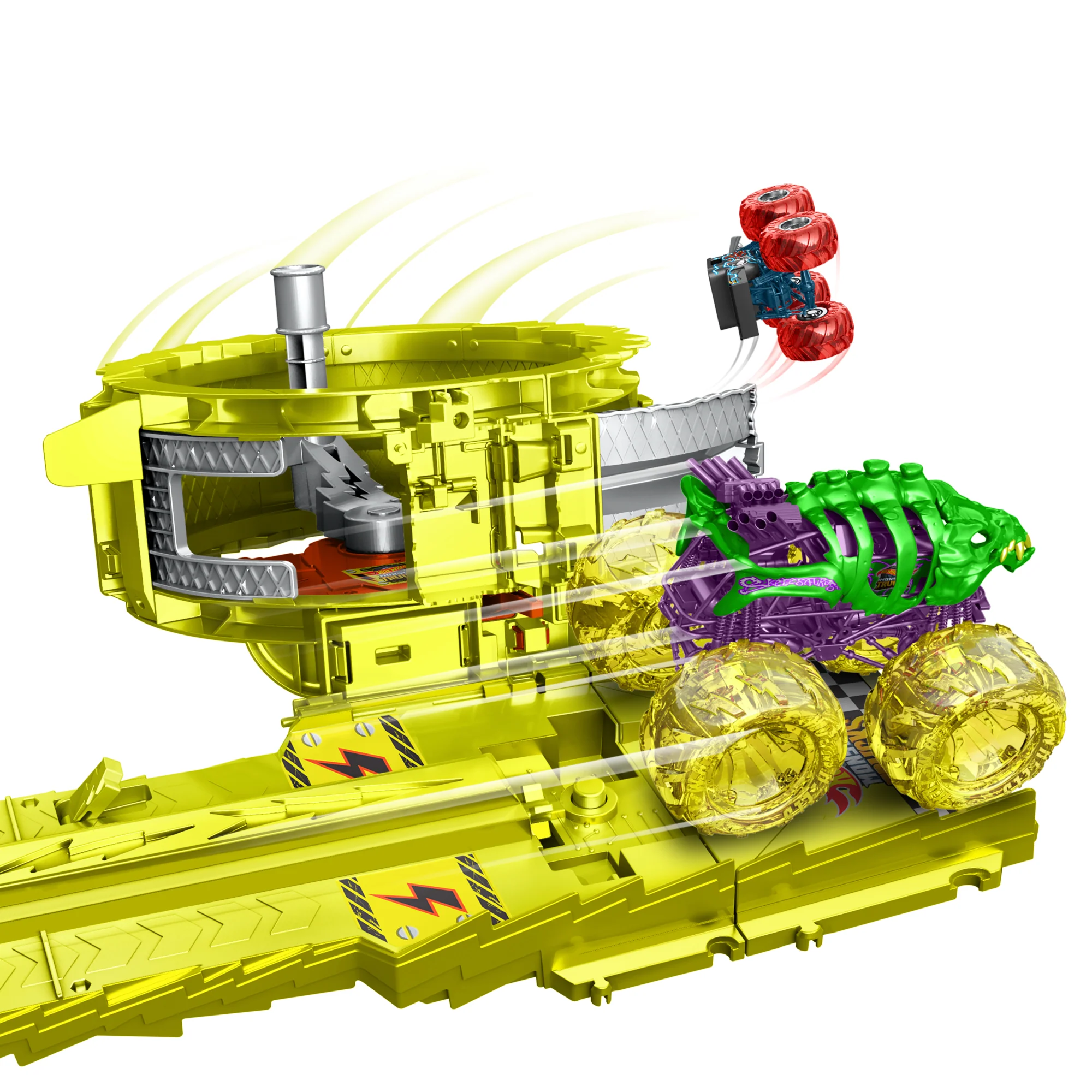Race & Chase Challenge De Power Smashers De Monster Trucks De Hot Wheels Con Skelesaurus De Gran Tamaño, Bone Shaker A Escala 1:64 Y 2 Coches Aplastados - Image 3