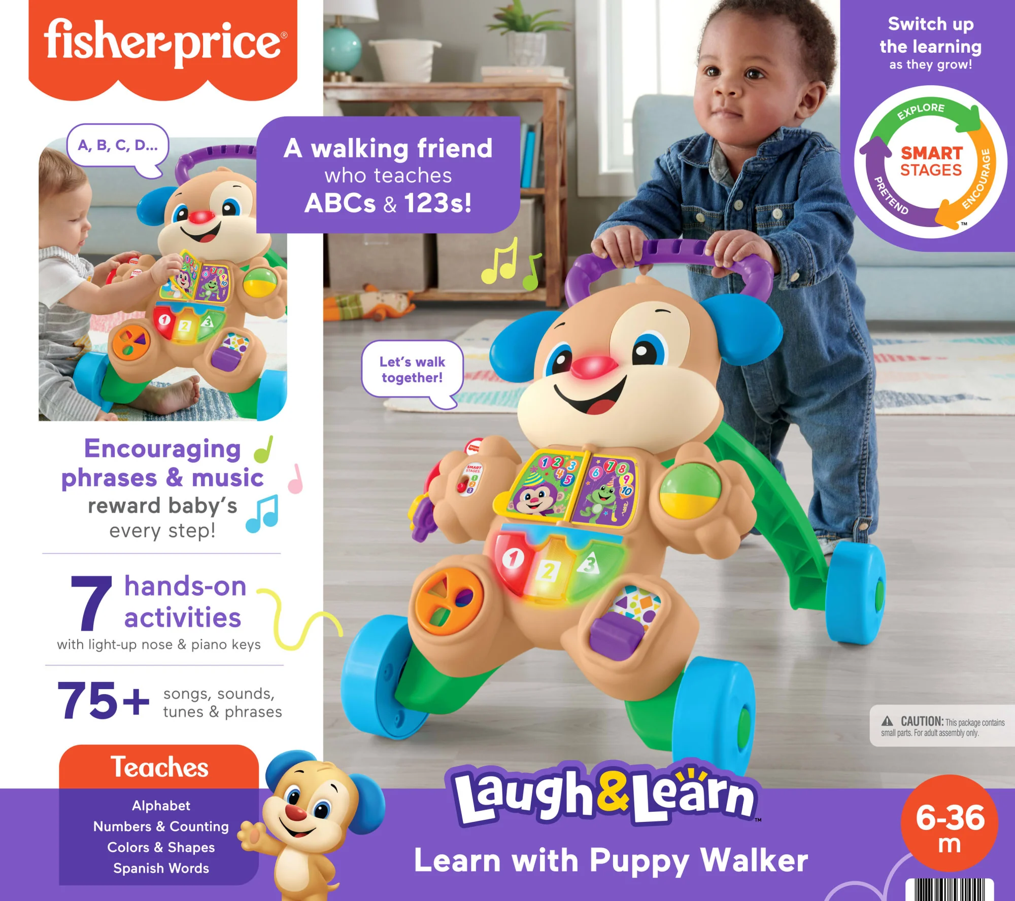 Fisher-Price „Ucz się i śmiej!” Chodzik-Pchacz Szczeniaczka Uczniaczka Interaktywna zabawka edukacyjna dla niemowląt i małych dzieci 6–36 mies. Wersja wielojęzykowa - Image 6