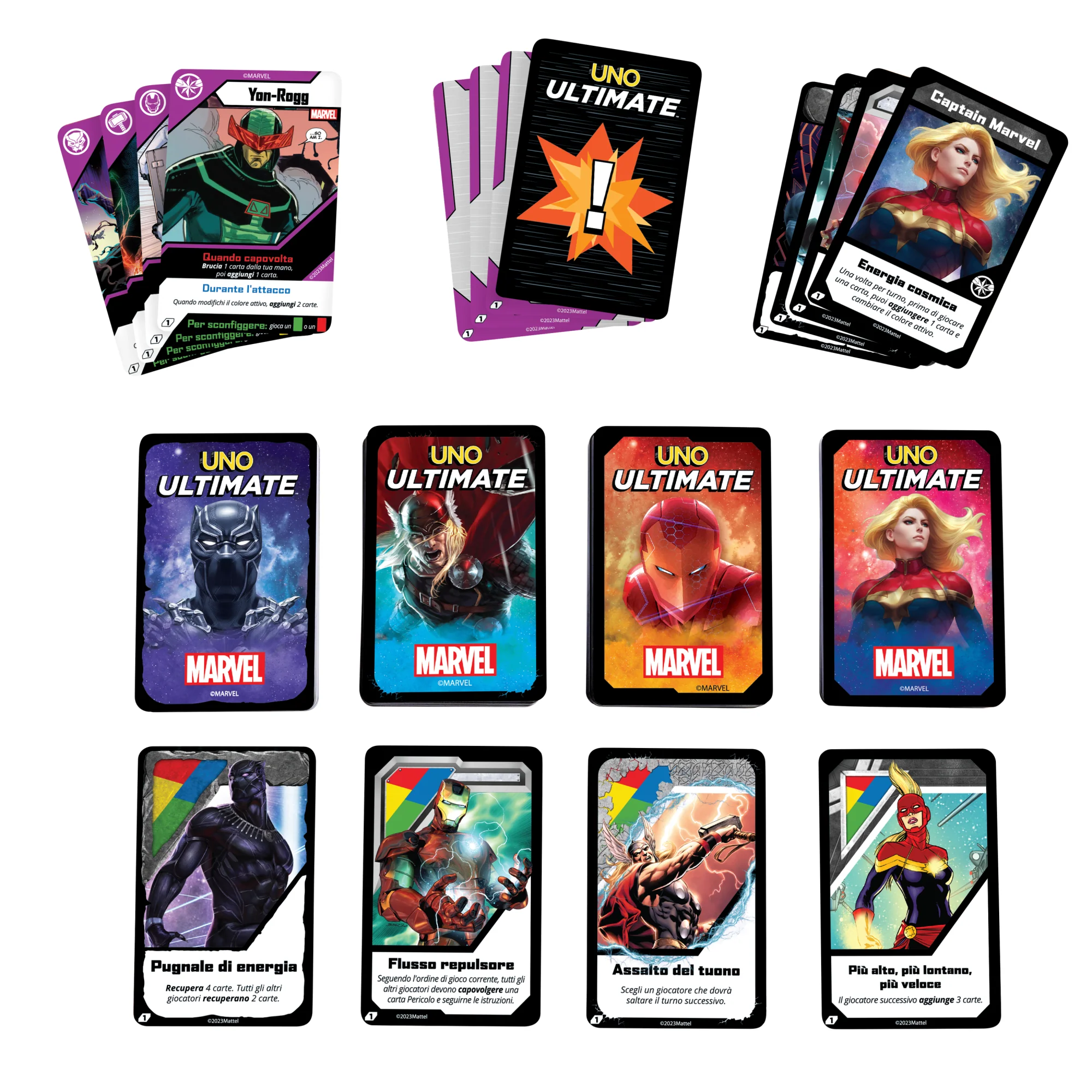 Uno Ultimate Marvel Gioco Di Carte Con 4 Carte Laminate Da Collezione: Black Panther, Captain Marvel, Iron Man E Thor - Image 3