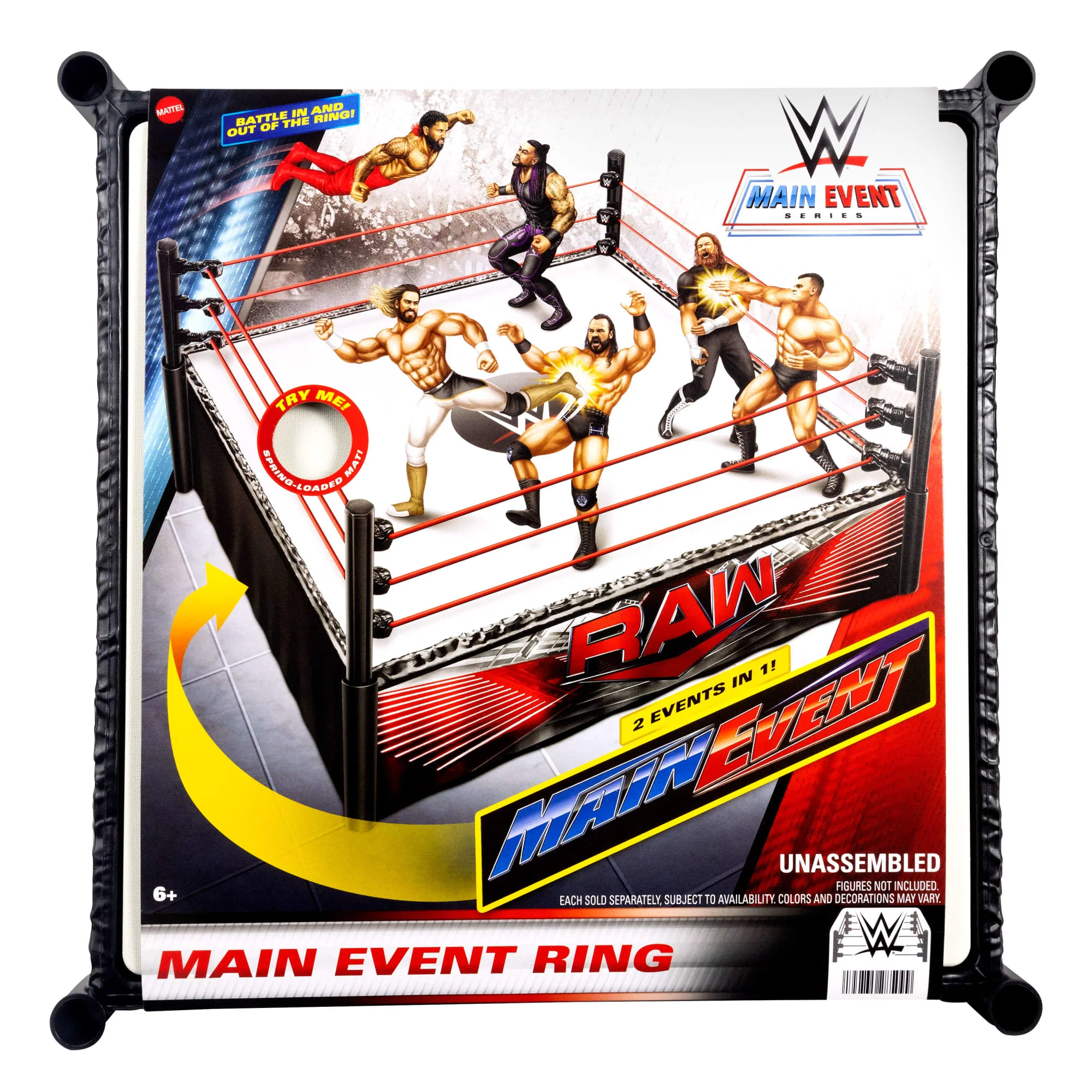 WWE Superstar Ring With Labels For Main Event & Raw, Spring-Loaded With Elastic Ring Ropes - Image 4